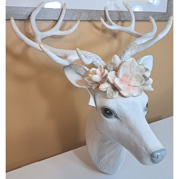 December Diamonds White Deer Head Mount w/ Magnolia Decor Christmas Holiday - Picture 3 of 10